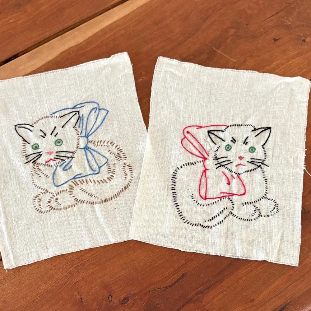 Hand Embroidered Cat Linen Squares - Blue and Pink